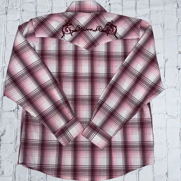 Cedar Rose Youth XL Embroidered Western Snap Shirt – Maroon & Pink Long Sleeve - Picture 3 of 5